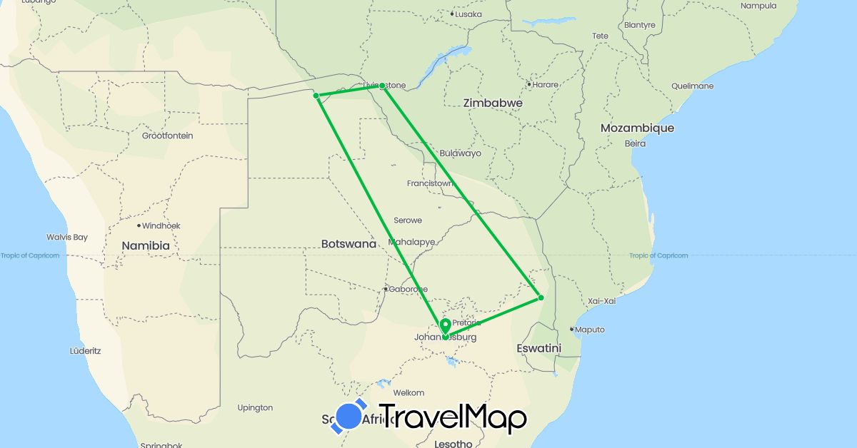TravelMap itinerary: bus, plane in Botswana, South Africa, Zimbabwe (Africa)